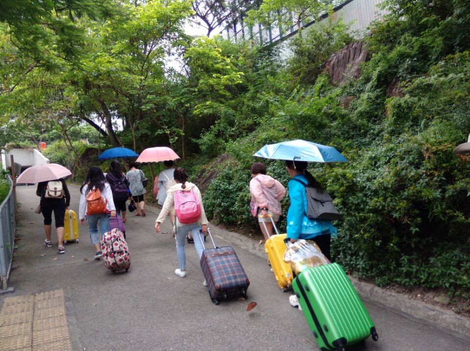 图1.一群人在寻找香港理工大学何文田宿舍的路上。阳光很充足，可能回家后会发现自己黑了好几个度吧~